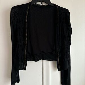 Black lace cropped cardigan w/ mesh sleeves and gold detailing